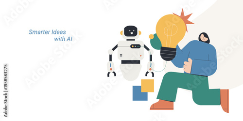 Flat style illustration of a woman person holding a large light bulb alongside a friendly robot, representing smarter ideas with AI, innovation, creative thinking and technology concept.
