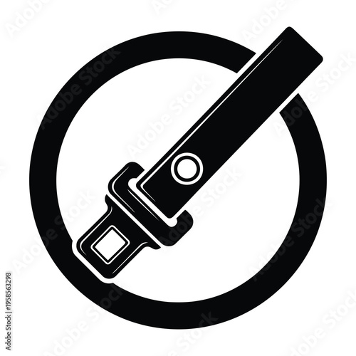 Black and white seatbelt icon with white background and bold circle emblem