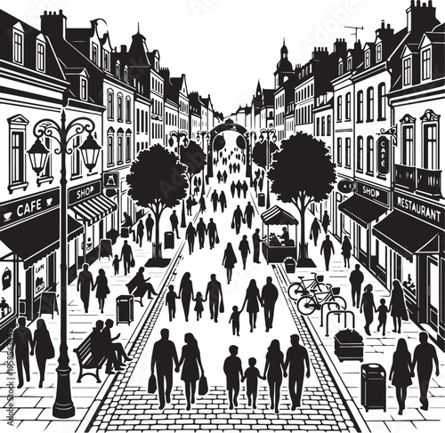 Black and white illustration of a busy European city street with people walking on cobblestone pavement
