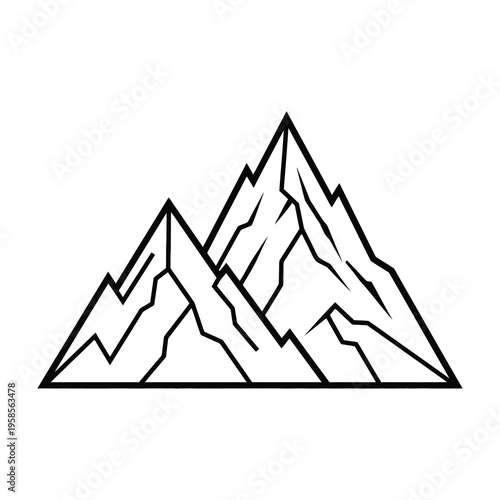 Simple black and white illustration of mountain range with three peaks minimalist design clean lines and white background symbolizing nature and adventure