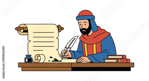 A stylized illustration depicts a scribe writing on a scroll showcasing a flat graphic silhouette high quality professional detailed modern elegant