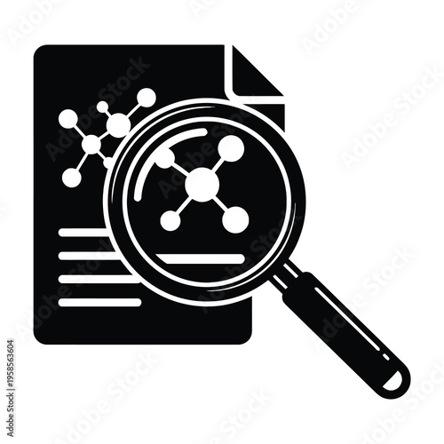 Magnifying glass examining document with molecular structure diagram and text lines