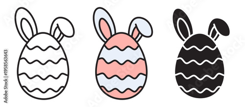 Easter egg with bunny ears icon set. Vector linear outline with editable stroke, colorful fill, and solid silhouette versions. Minimalist spring holiday symbols with wavy patterns.