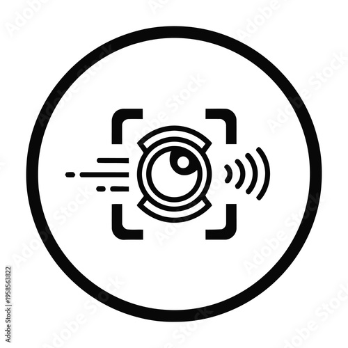 Security camera icon with focus lens and signal waves in simple black design on white background