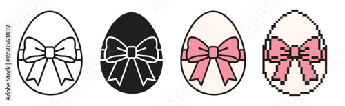 Premium vector Easter egg with bow icon set. Includes scalable line art (editable stroke), silhouette glyph, colored outline, and pixel art versions.