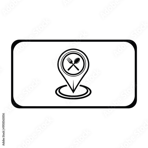 Restaurant location pin icon with fork and knife symbol on simple white background and black rectangular border