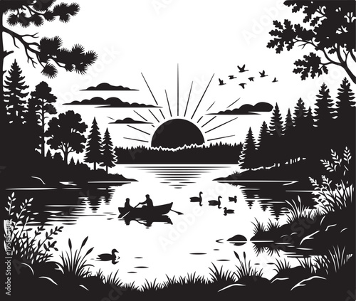 Serene lake scene at sunset with people canoeing and ducks swimming, surrounded by trees and foliage.
