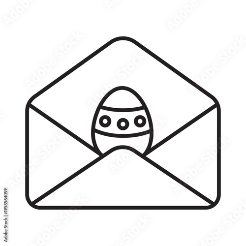 Minimalist vector illustration of a decorated Easter egg inside an open mail envelope. Clean line art symbol with editable stroke for holiday greetings and spring invitations.
