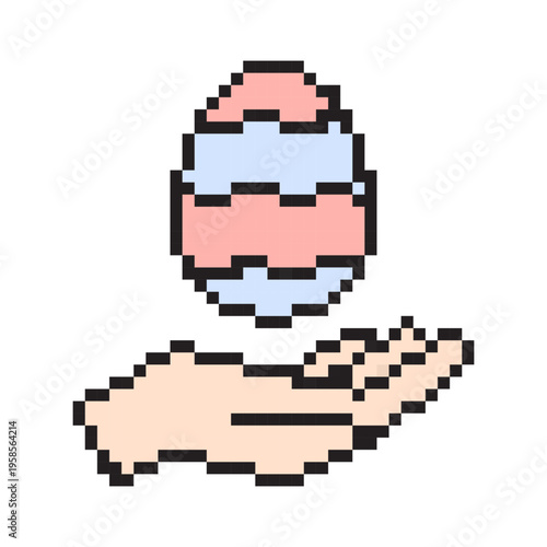 8-bit pixel art vector illustration of a decorated Easter egg floating above a hand. Retro game style icon with pastel colors and pixelated black outline.