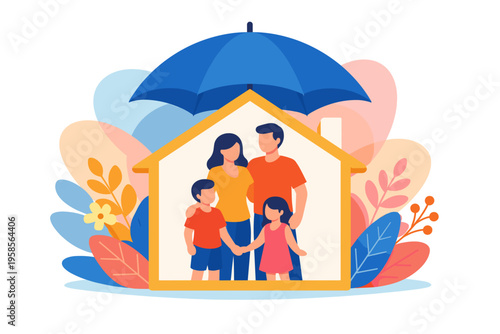 Family protected under umbrella inside house illustration.