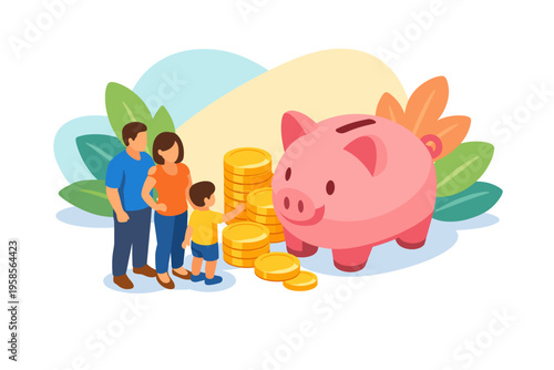 Family saving money in a piggy bank with coins.