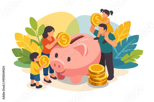 Family saving money in piggy bank illustration.