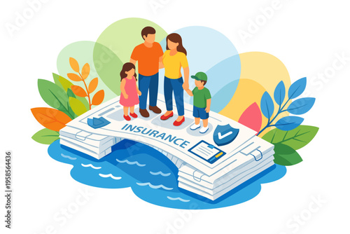 Family Standing On Insurance Policy Document With Shield Icon.