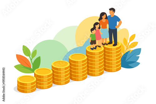 Family standing on stacks of coins representing financial growth and savings.