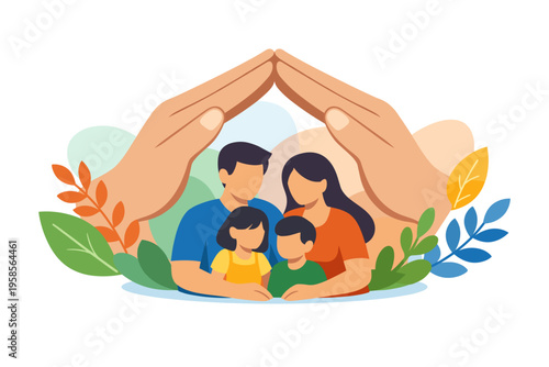 Loving hands protecting a happy family under a roof of care.