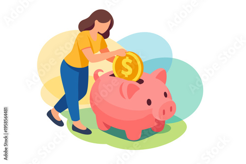 Woman saving money in a piggy bank illustration.