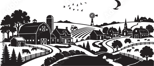 idyllic rural landscape with farm buildings, fields, and trees under a crescent moon