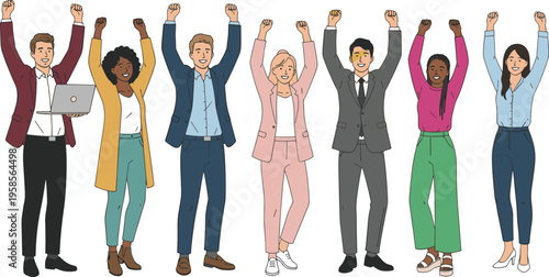 Diverse team of happy business professionals celebrating with arms raised and cheering isolated on white background.