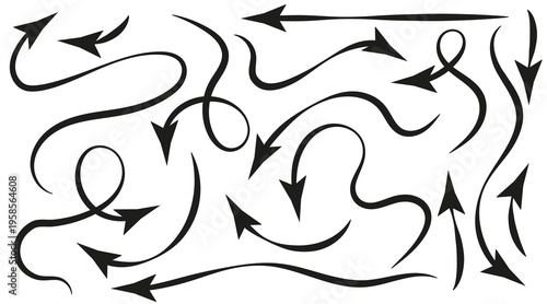 Hand drawn black arrows and curved pointers set isolated on transparent background. Vector sketchy lines and swirls for navigation, infographics and creative design. Minimalist doodle elements.