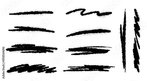 Grunge spray paint strokes and grainy charcoal lines. Black ink textured scribbles and rough stipple hatches. Vector hand drawn elements for distressed design, graffiti accents and urban visuals