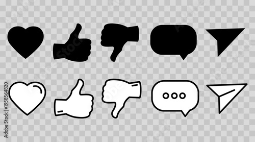 Social media icons set isolated on transparent background. Black and white heart, thumbs up, thumbs down, speech bubble and share symbols. Vector UI elements for apps, websites and blogs.