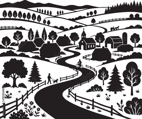 idyllic countryside scene with rolling hills, farmhouses, trees, and winding road, serene landscape