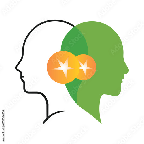 Abstract vector illustration of human heads profile with orange circles representing mental health, intelligence, and psychology concepts
