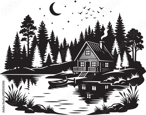 Black and white illustration of a cozy cabin by a serene lake at night