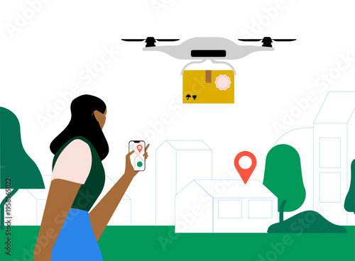 Woman using a smartphone tracking a delivery drone carrying a package to a house. Modern last-mile delivery, GPS navigation, and smart logistics concept.