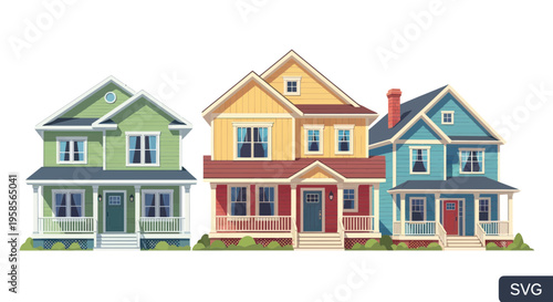Colorful suburban houses, American architecture, residential neighborhood street scene