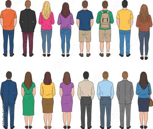 Large collection of diverse men and women standing seen from back view for audience crowd queue and corporate team community flat line art vector illustration