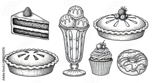 Hand-Drawn Desserts Collection: Cake, Pies, Sundae, Cupcake, Donut - Sketch Style