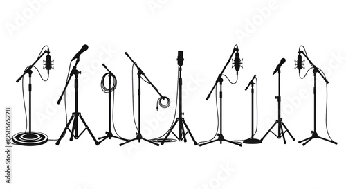 Seven microphones on stands with cords and pop filters in a row microphone music recording audio equipment studio live performance concert podcast broadcast voice sound
