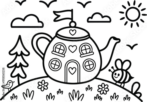 A charming teapot shaped house sits on a grassy hill with a happy bee and sun