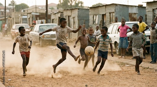 Joyful African Children Playing Energetic Soccer on a Dusty Township Street