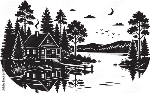 Black silhouette of a serene lakeside cabin with trees and a crescent moon in the night sky