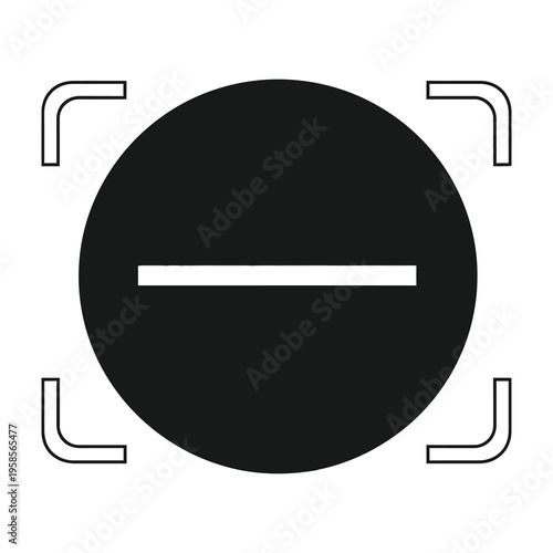 Black circle symbol with white line and curved corner brackets on white background