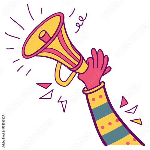 Cartoon hand holding prank horn, vibrant colors