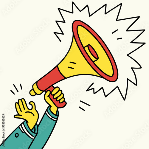 Cartoon hand holding prank horn, vibrant colors