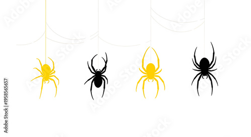 Four spiders hanging from threads with cobwebs on white background spider black yellow cobweb halloween arachnid insect creepy spooky isolated silhouette icon symbol web eight