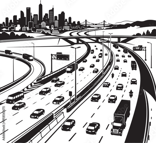 Black and white illustration of a busy highway with city skyline and bridge in the background.