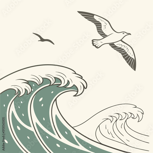 Vector illustration of seagulls flying over ocean waves