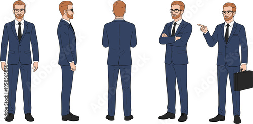 Professional businessman character in blue suit with front side and back view for corporate presentation storyboard leadership and executive office management vector set