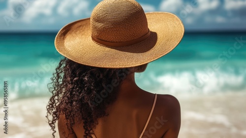A young Black woman with curly hair wears a large straw hat, standing on a beach with turquoise waves and a blue sky in the background.