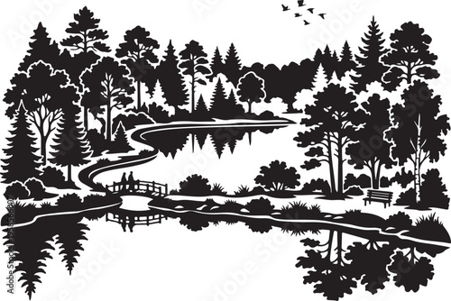 Black silhouette of serene forest lake with winding path and birds flying overhead at dusk