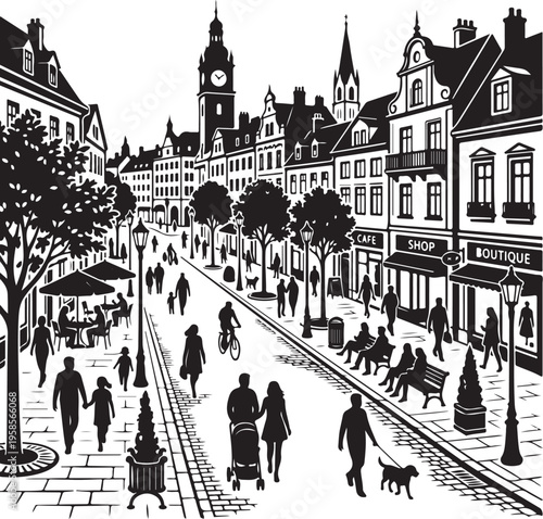 Black and white illustration of a bustling European town street with people, shops, and clock tower