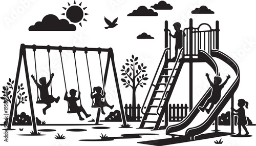 Black silhouette illustration of children playing on swings and slide at sunny outdoor playground