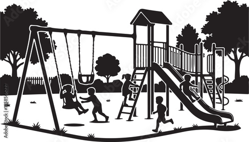 Children playing on a playground with swings and slide in a park with trees