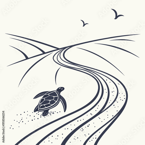 Vector illustration of turtle swimming in ocean waves with birds