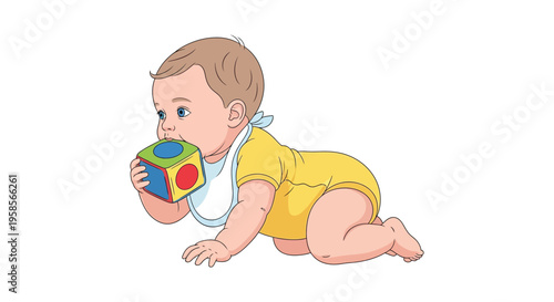A charming illustration depicts a baby crawling and playfully interacting with a colorful building block silhouette high quality professional detailed modern